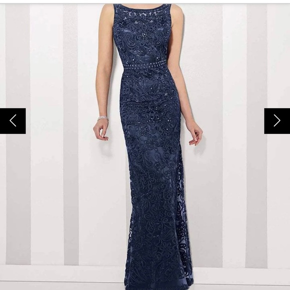 Cameron Blake by Mon Cheri elegant navy gown with intricate lace & beading. - Picture 1 of 4